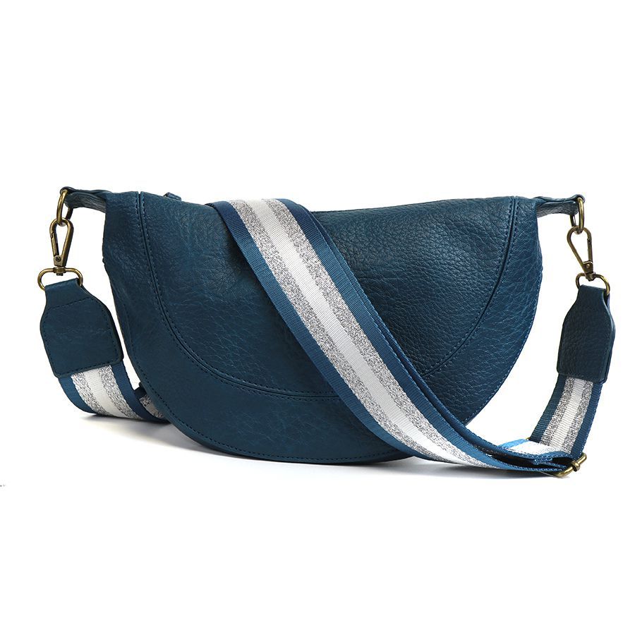 Teal Vegan Leather half moon bag with striped strap