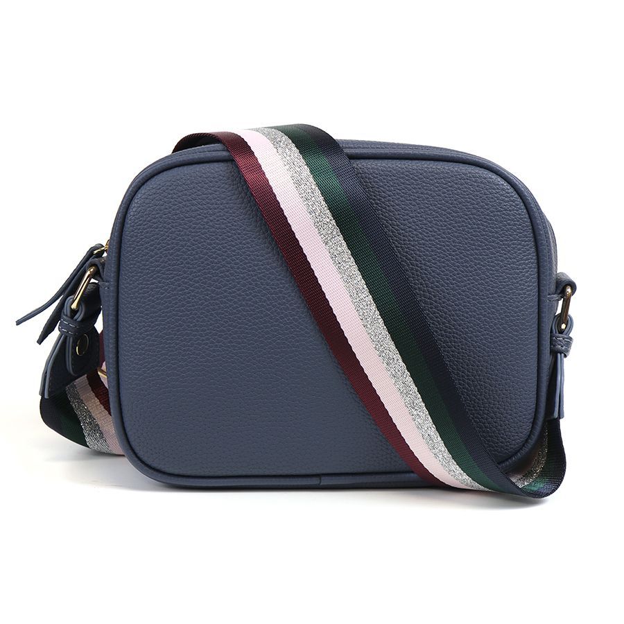 Blue Vegan Leather camera bag with striped strap