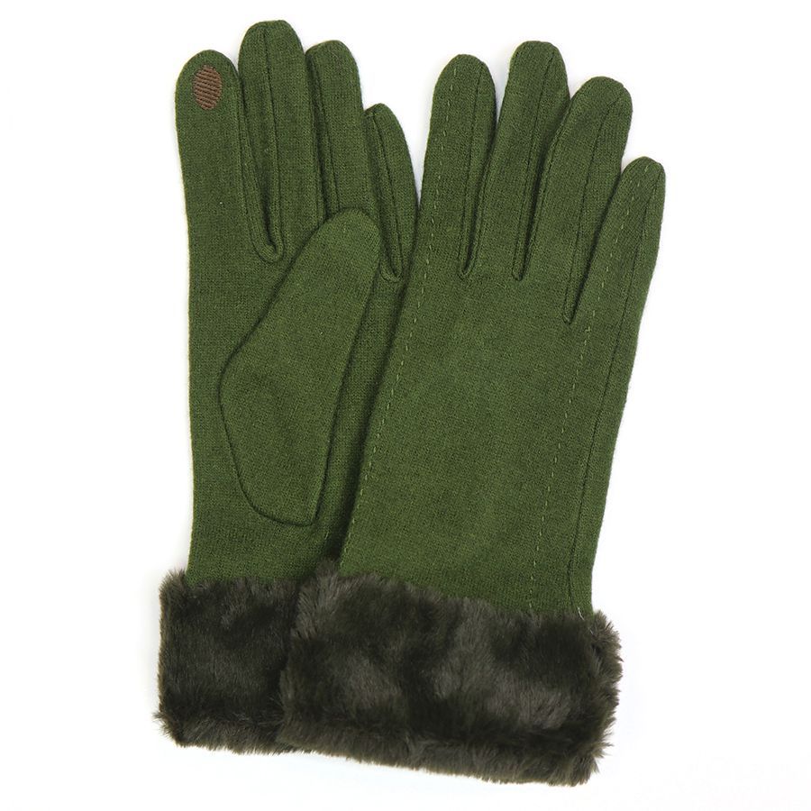 Green wool blend and faux fur gloves