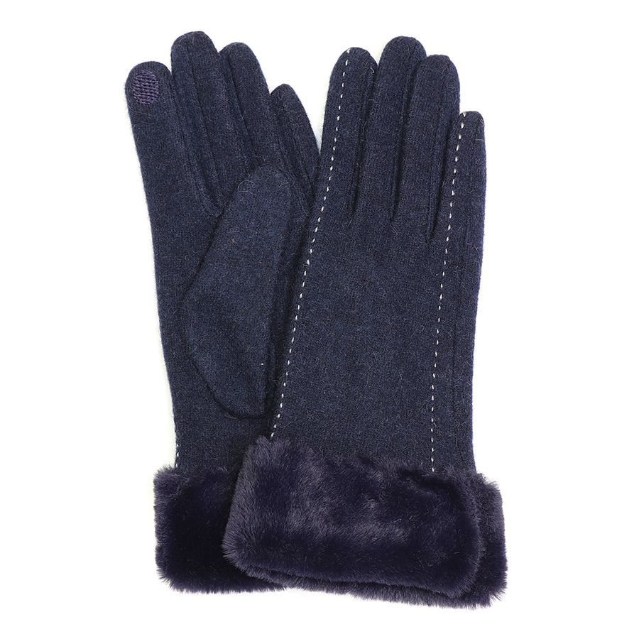 Navy blue wool blend and faux fur gloves
