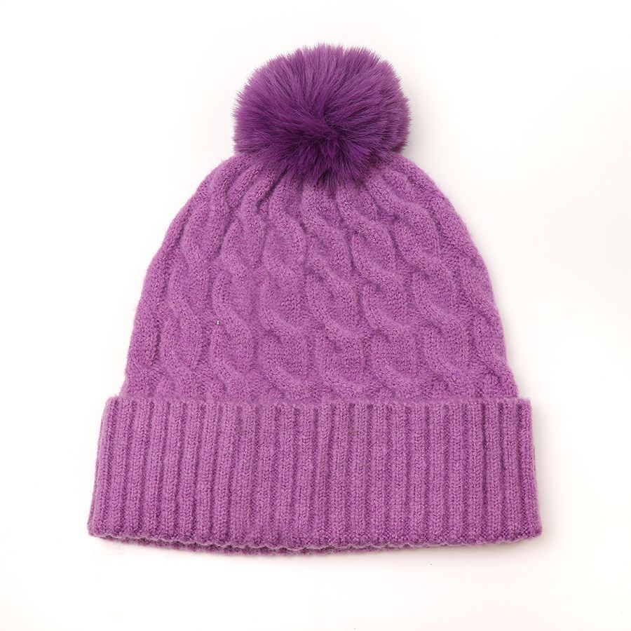 50% recycled mauve cable knit and faux fur bobble hat