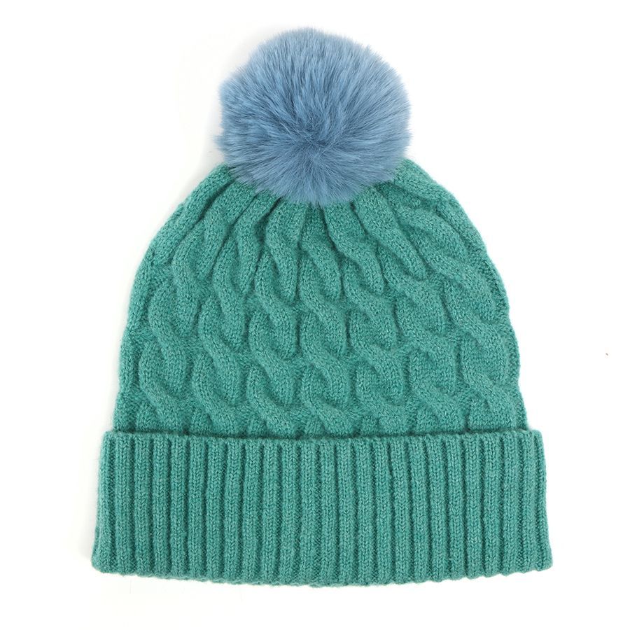 50% recycled green cable knit and faux fur bobble hat