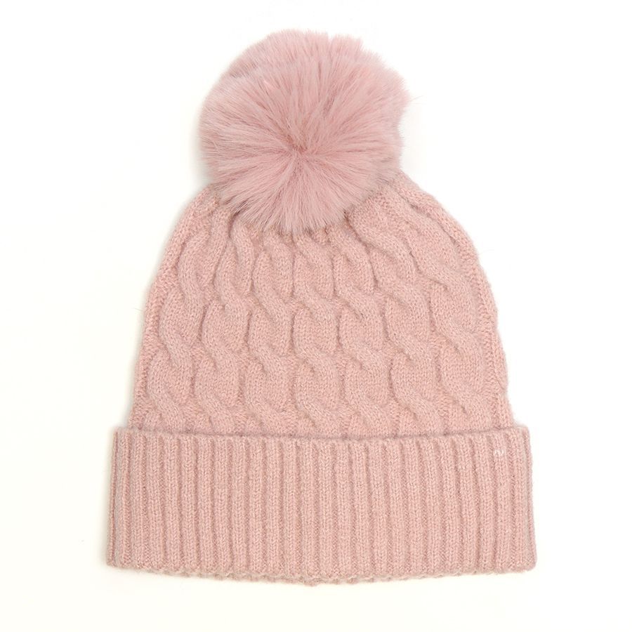 50% recycled pink cable knit and faux fur bobble hat