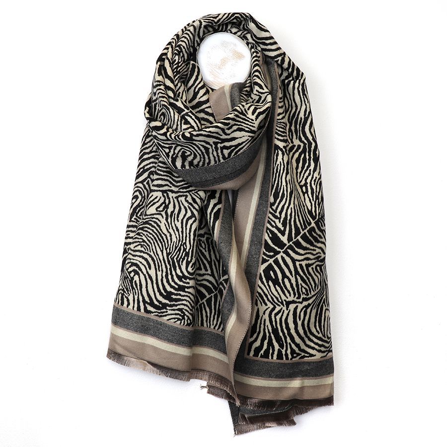 Monochrome zebra jacquard and taupe border scarf