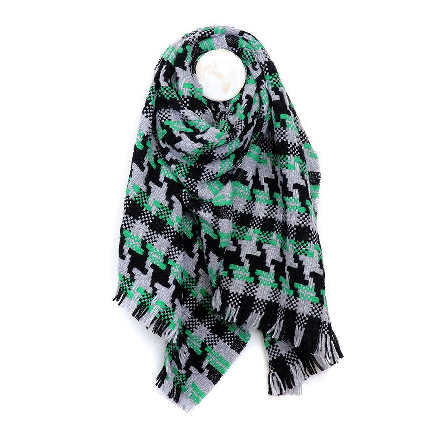 Green and black mix dogtooth weave scarf with fringe