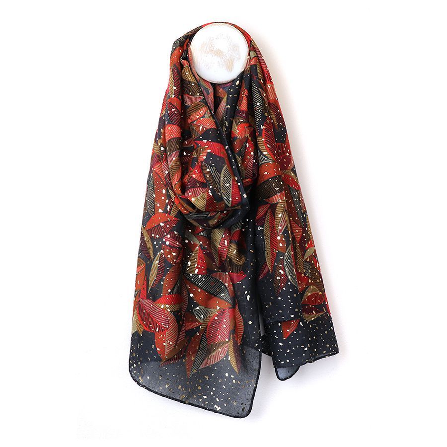 Red mix metallic overlay leaf scarf with recycled yarn