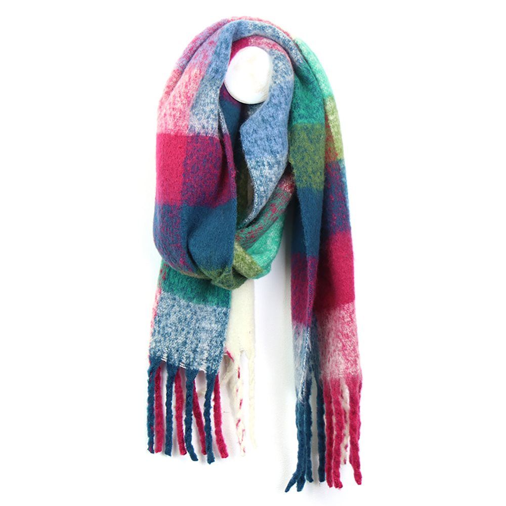 Teal/ Raspberry Mix Fluffy Checked Scarf with long fringe