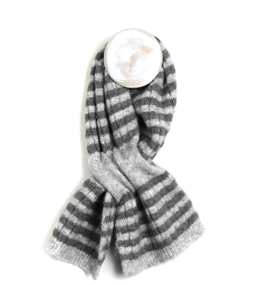 Dark/ light Grey Striped Knitted Poly/Wool Pull through Scarf