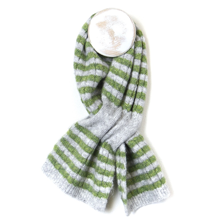 Green/ light Grey Striped Knitted Poly/Wool Pull through Scarf