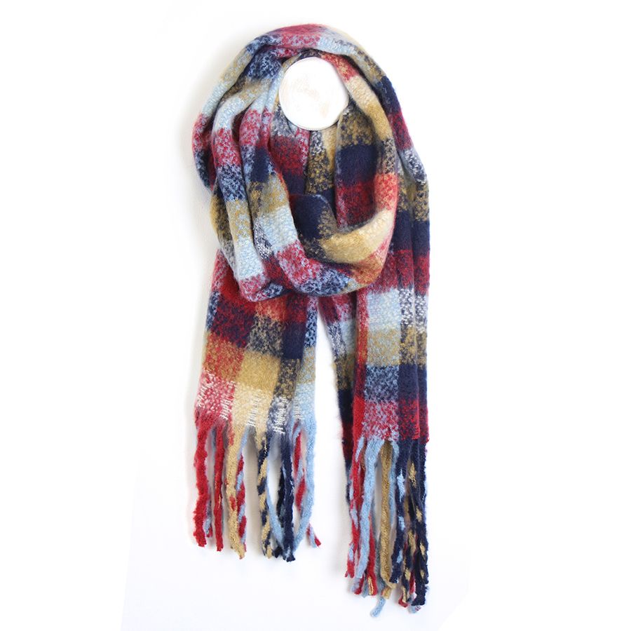 Red, Blue and Beige Mix Checked Scarf with fringe