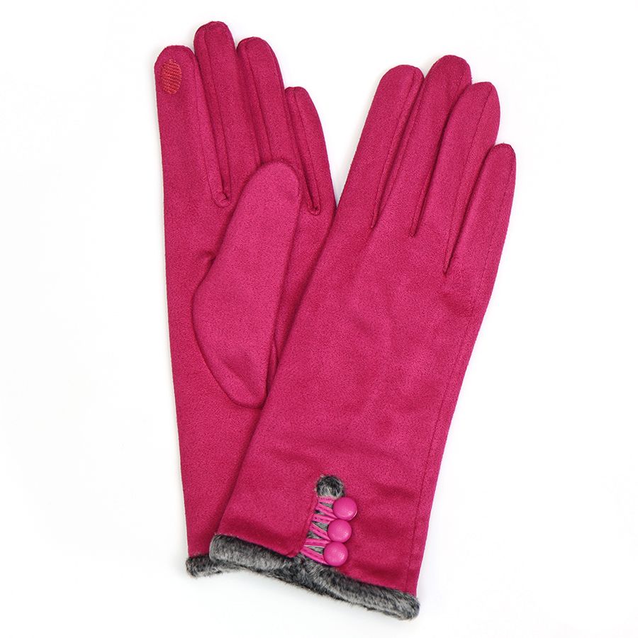 Fuchsia Faux Suede Button Detail Gloves with faux fur trim