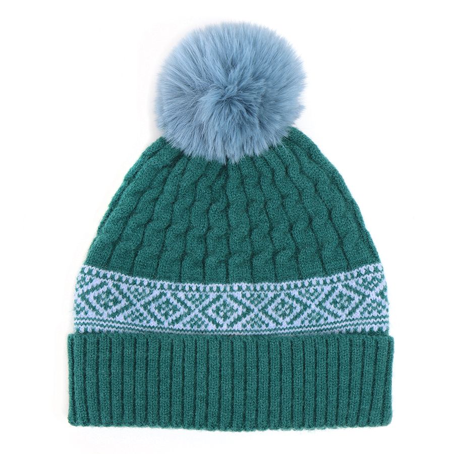 Teal Cable Knit Hat with Diamond Fairisle Border and pompom