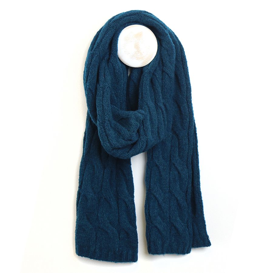 Deep Teal Recycled Polyester Blend Cable Knit Scarf