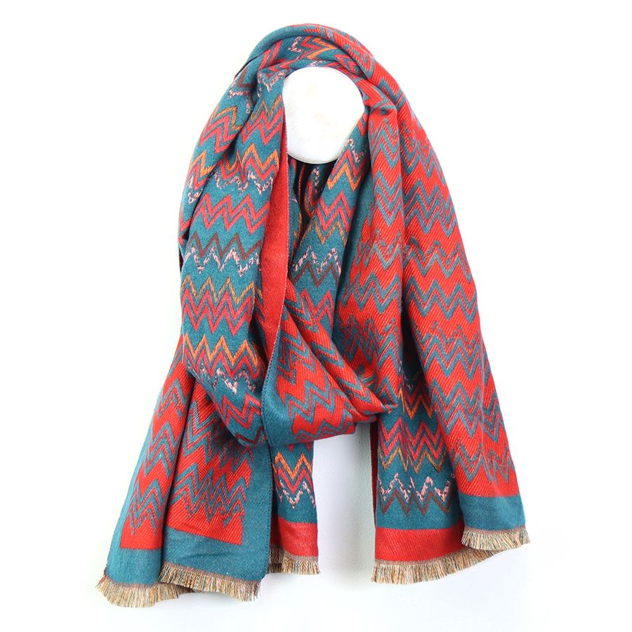 Red/ Turquoise Multi zigzag soft jacquard scarf with eyelash fringe