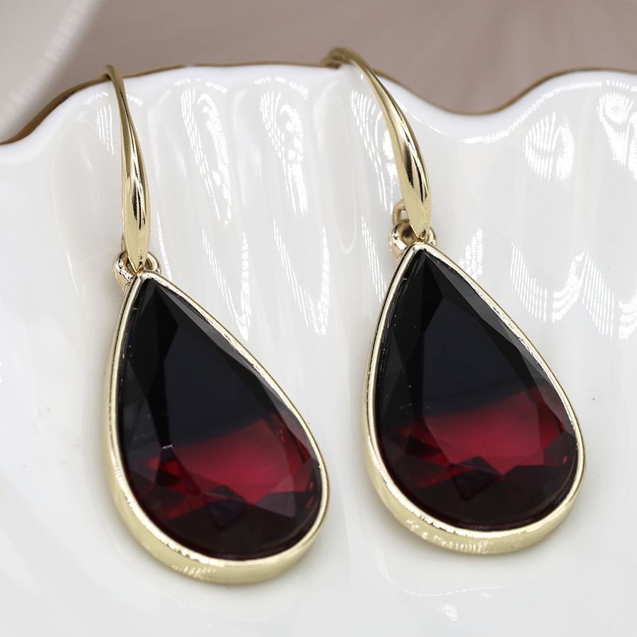 Golden garnet red coloured teardrop earrings