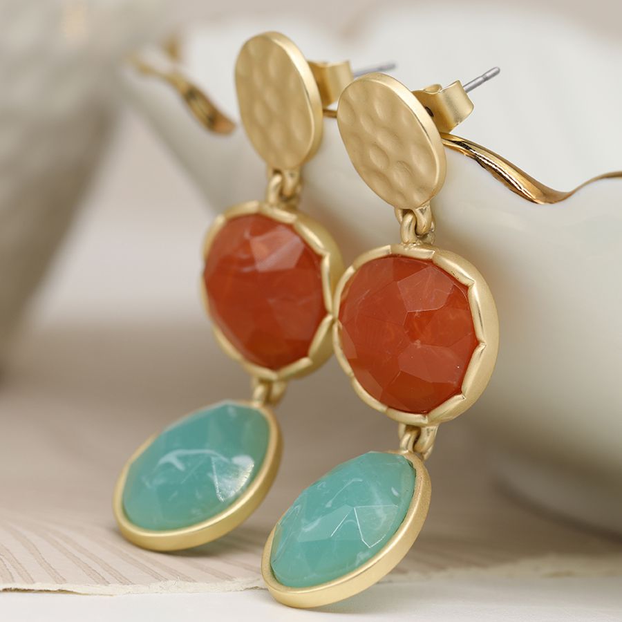Golden hammered disc and mixed stone earrings