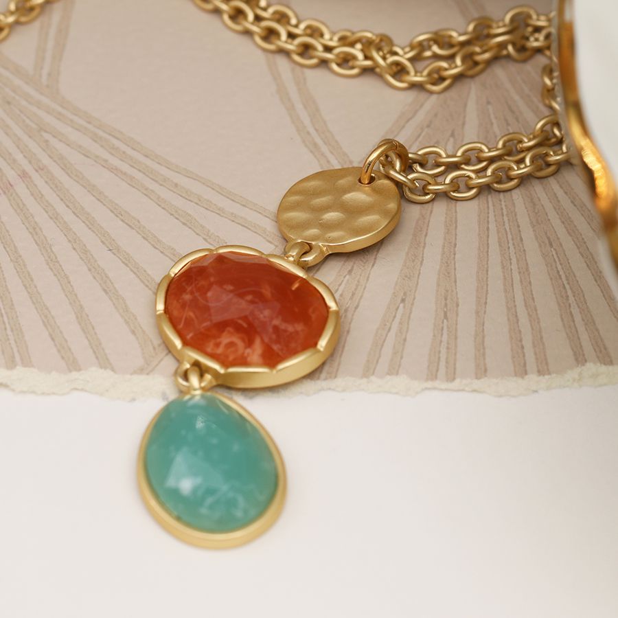 Golden hammered disc and mixed stone necklace