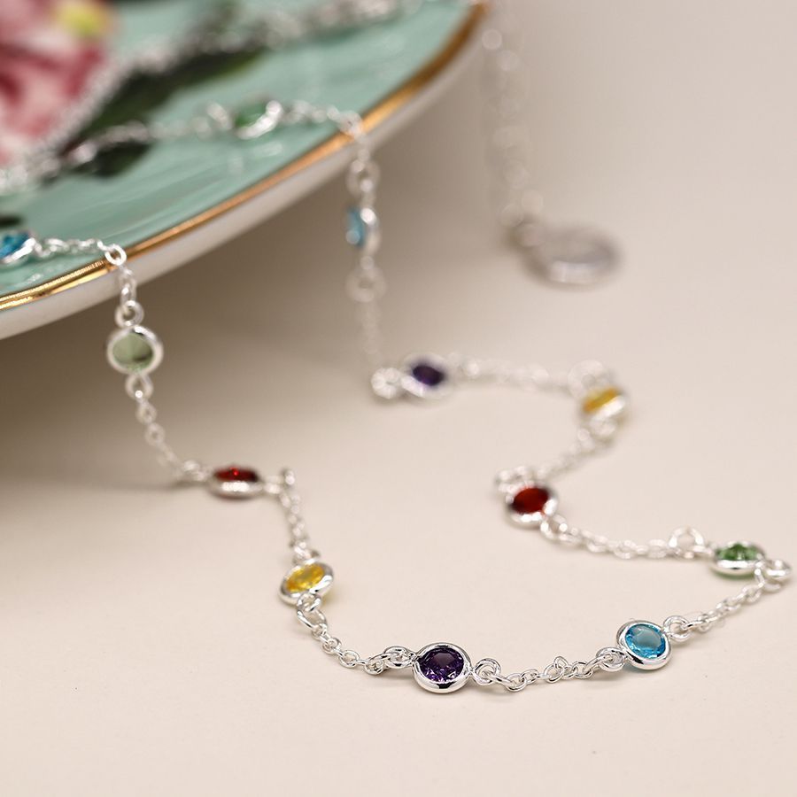 Silver plated multicoloured bezel crystals necklace