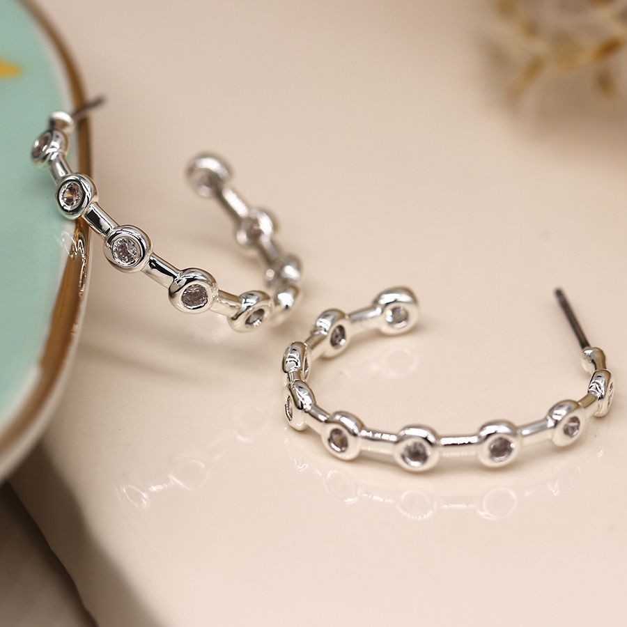 Silver plated open hoop bezel crystal earrings