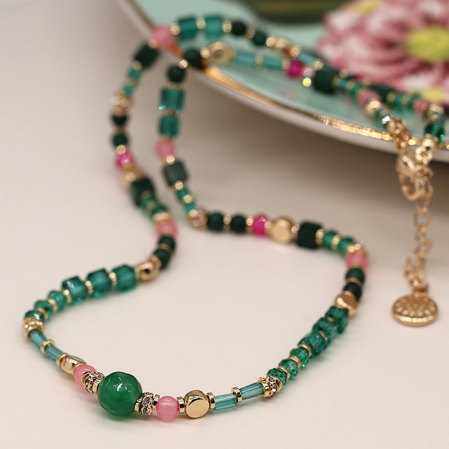 Green and pink mix beaded crystal necklace