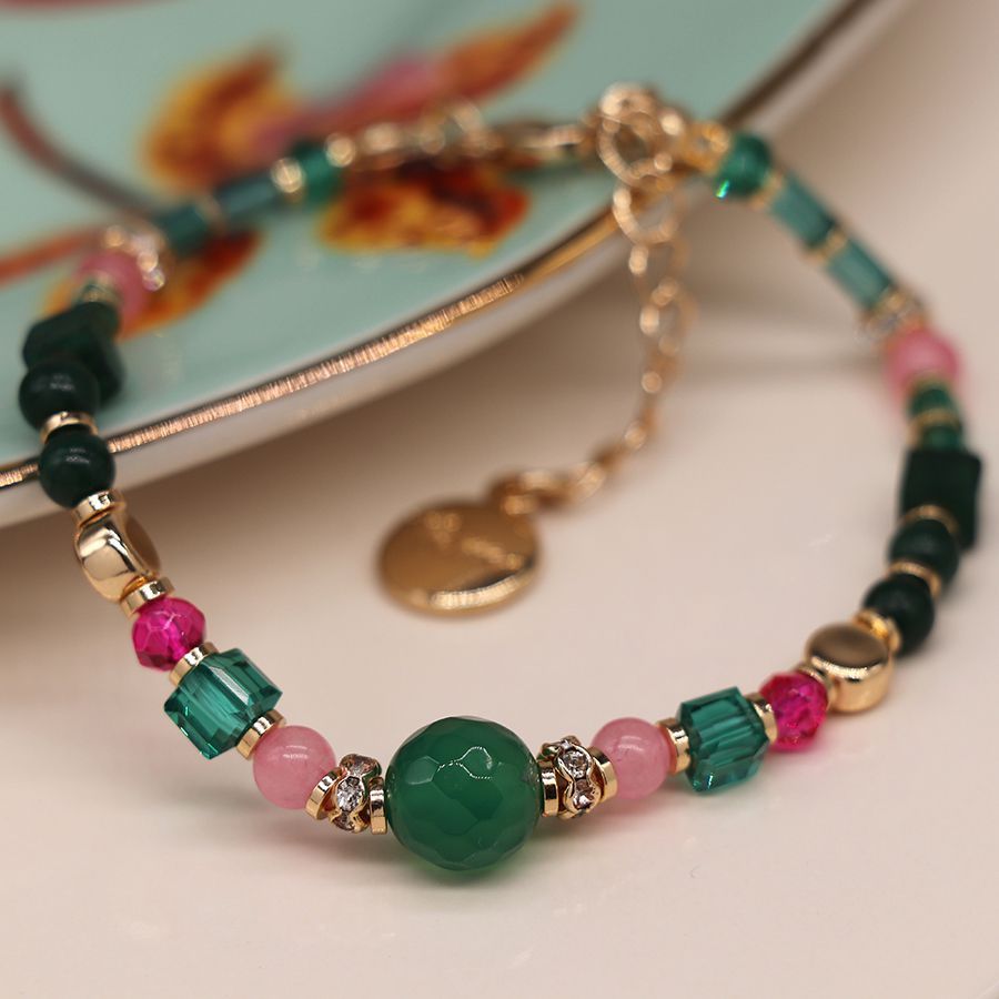 Green and pink mix beaded crystal bracelet