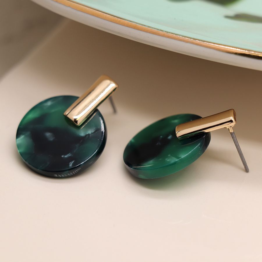 Malachite green resin disc earrings with golden top