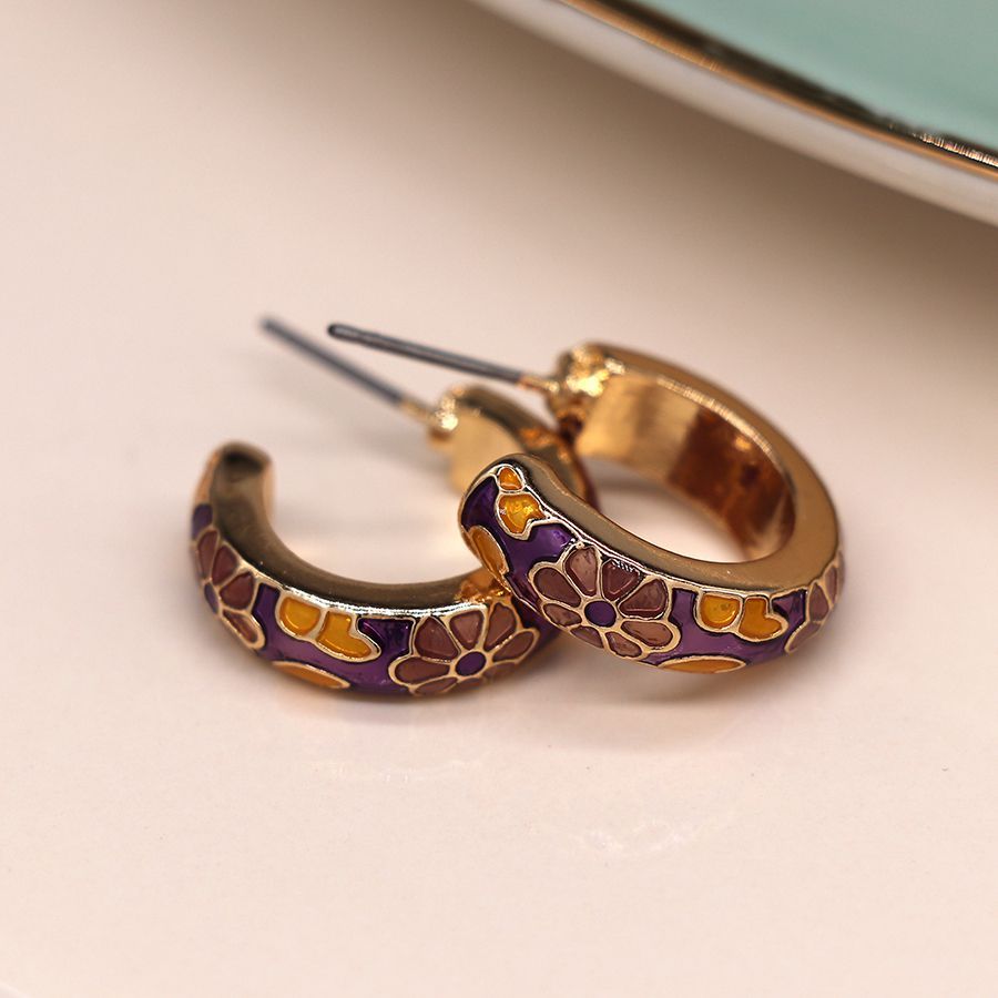 Gold and purple floral enamel hoop earrings