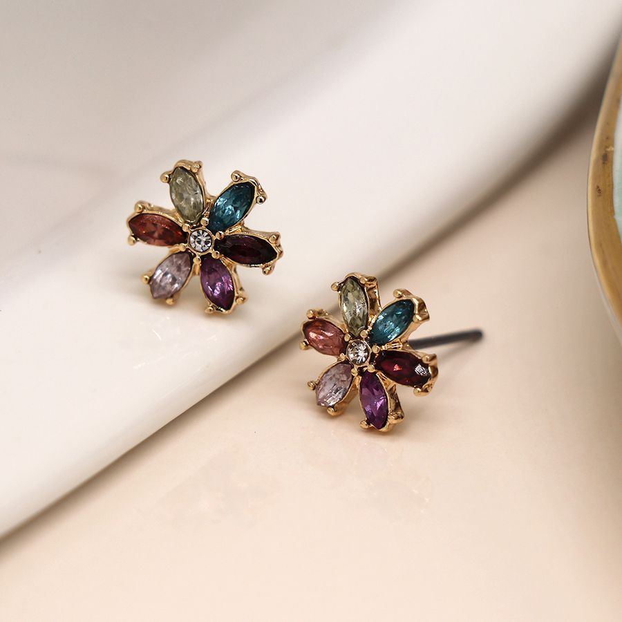 Golden mixed colour crystal flower stud earrings