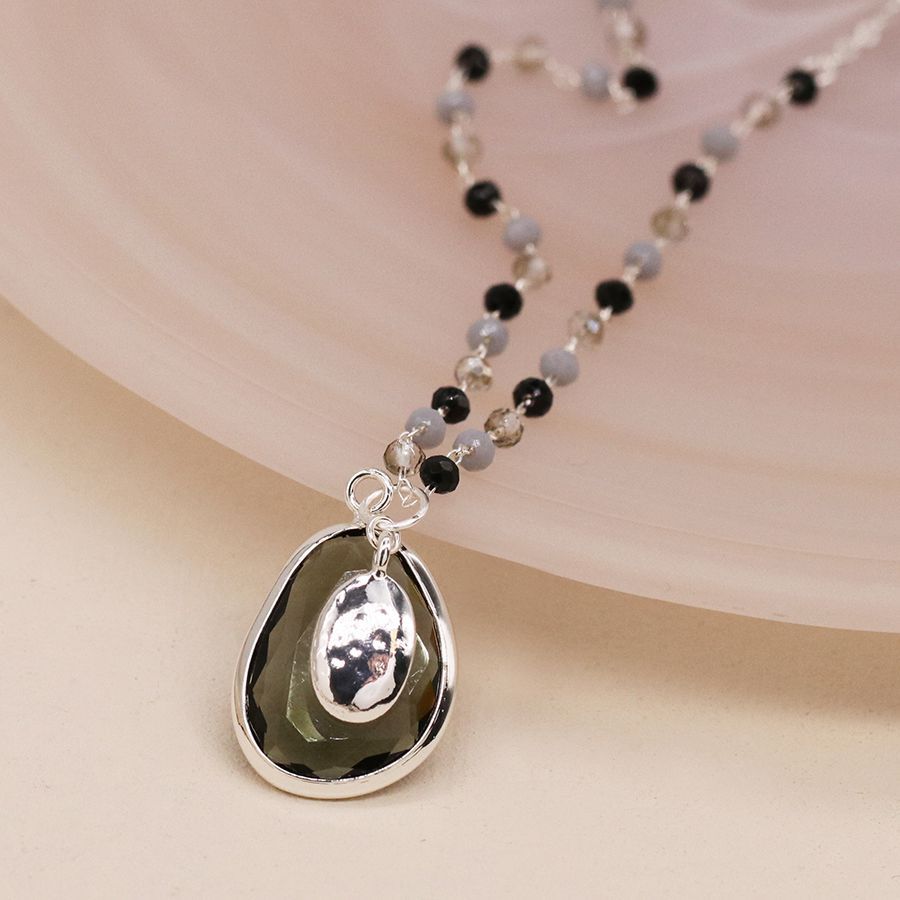 Silver plated and grey bead necklace with smoky drop