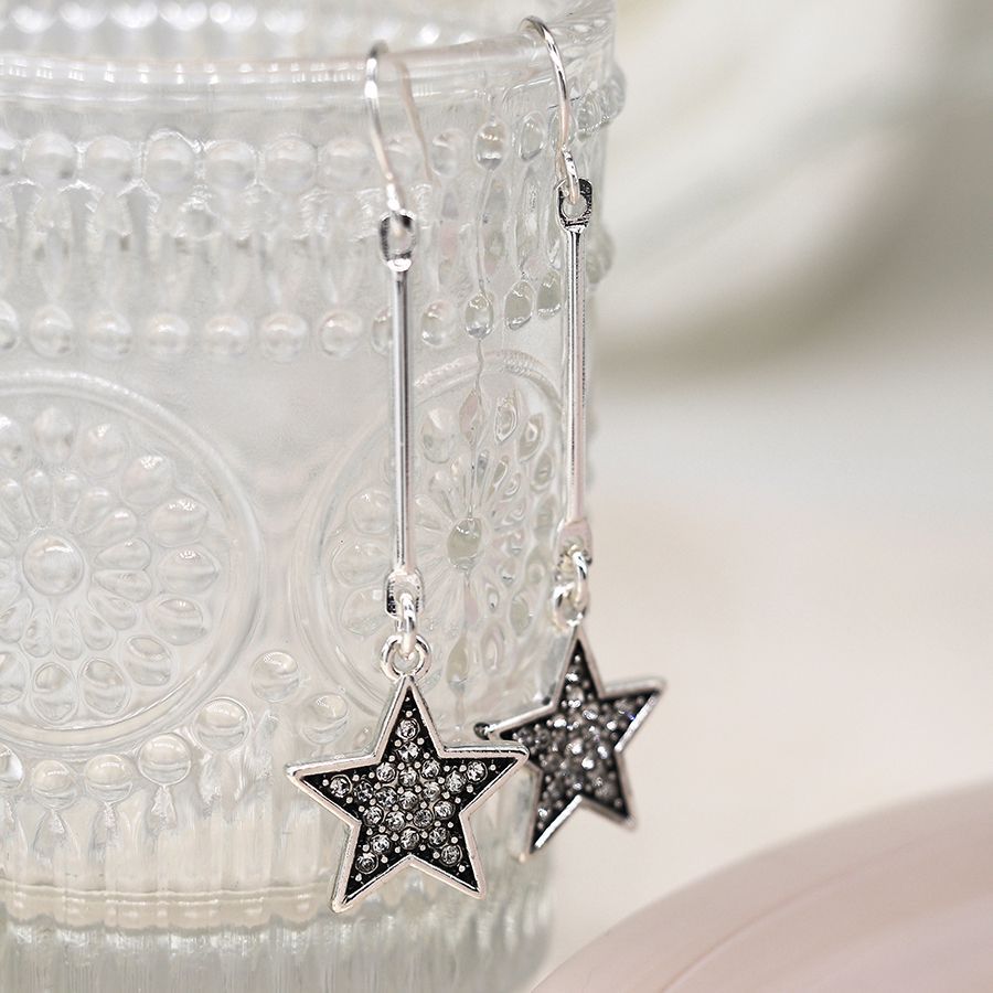 Silver plated bar and sparkle star drop earrings