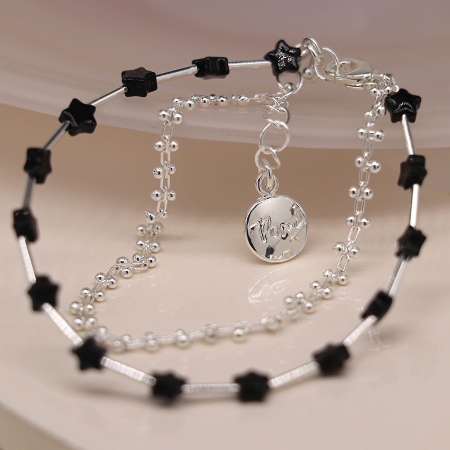 Silver plated double strand bracelet with black stars