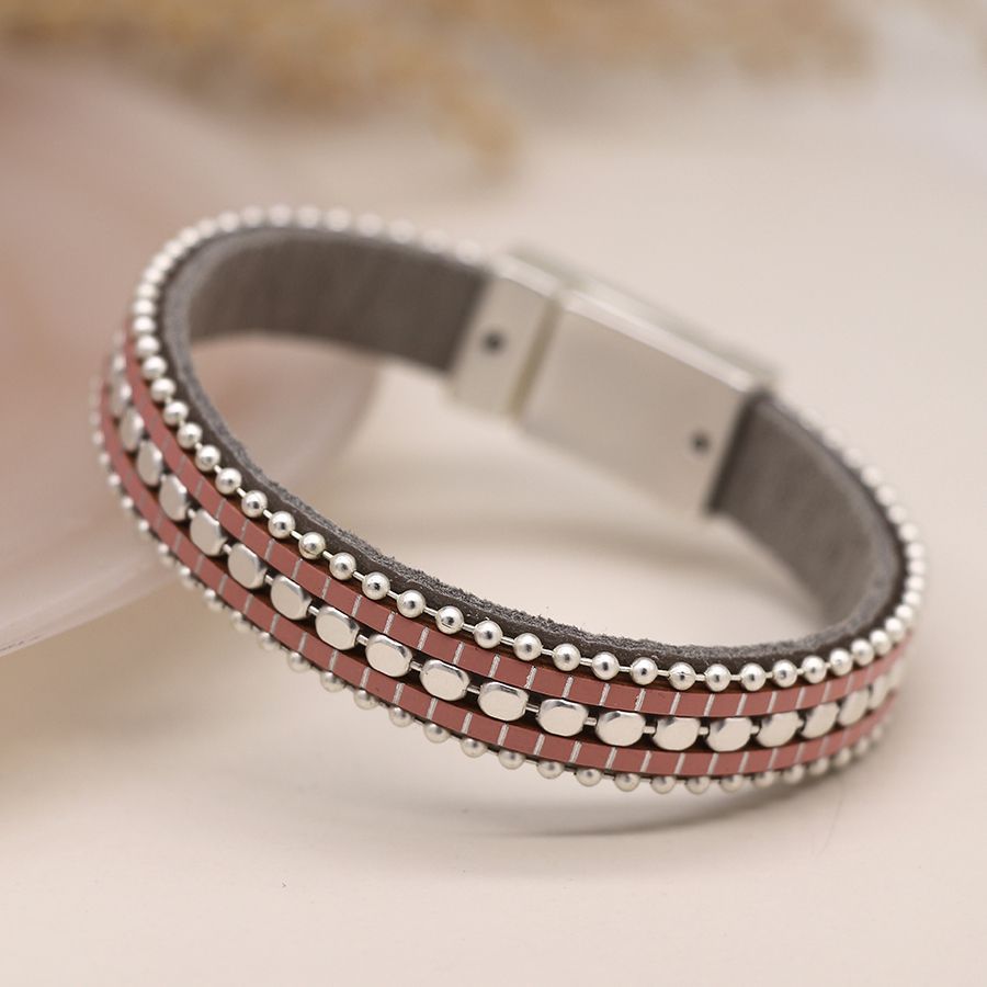 Dusky pink, grey and silver plated leather bracelet