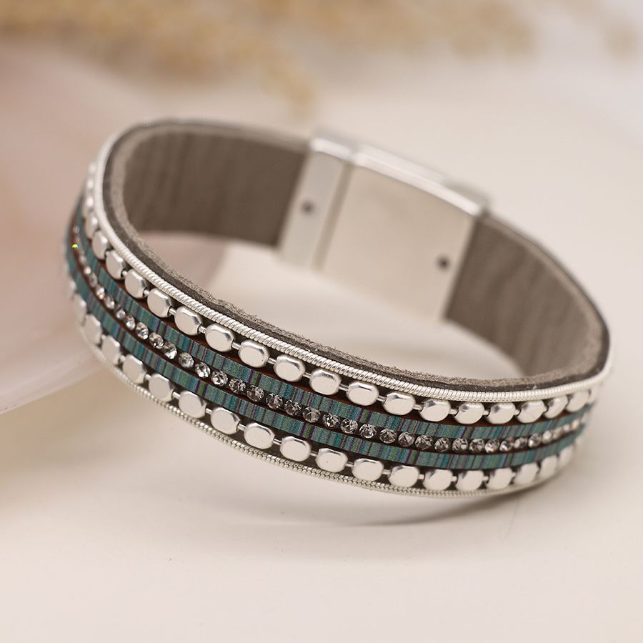 Grey, aqua and silver plated leather bracelet