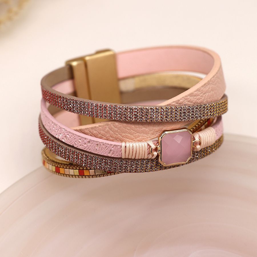 Pink multistrand leather bracelet with square stone