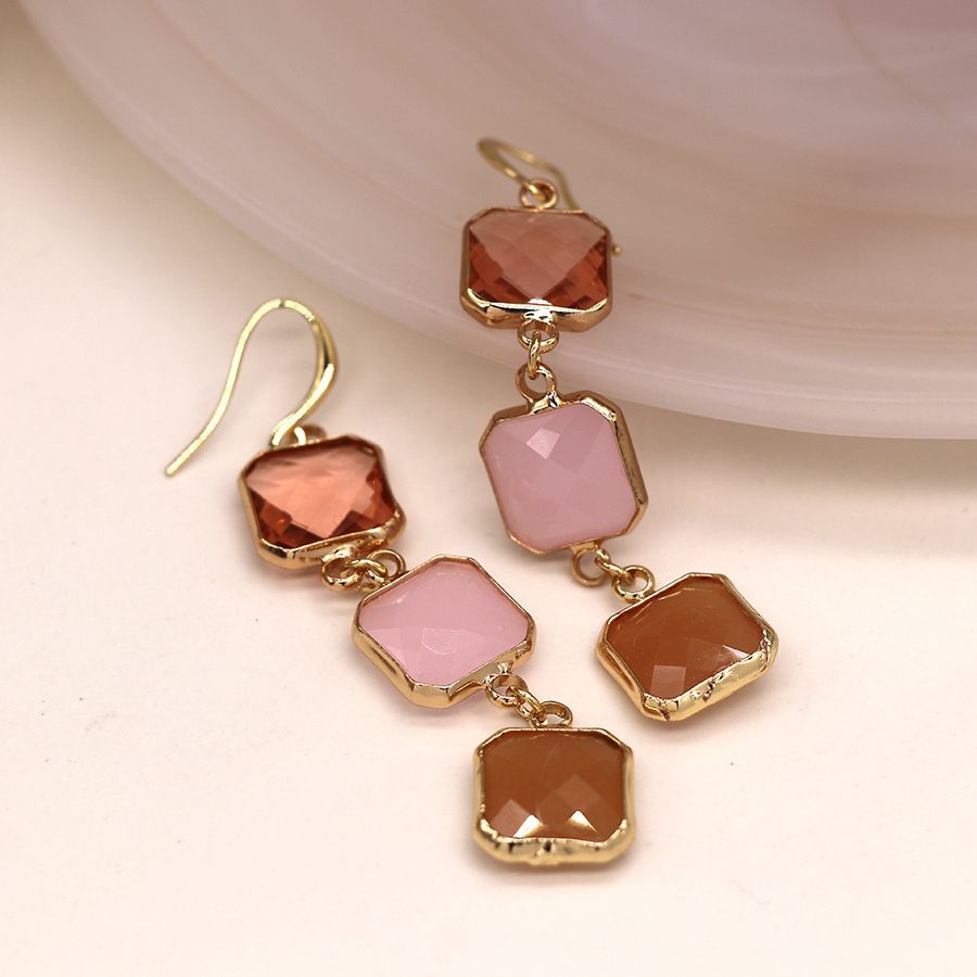 Golden pink mix square stone triple drop earrings