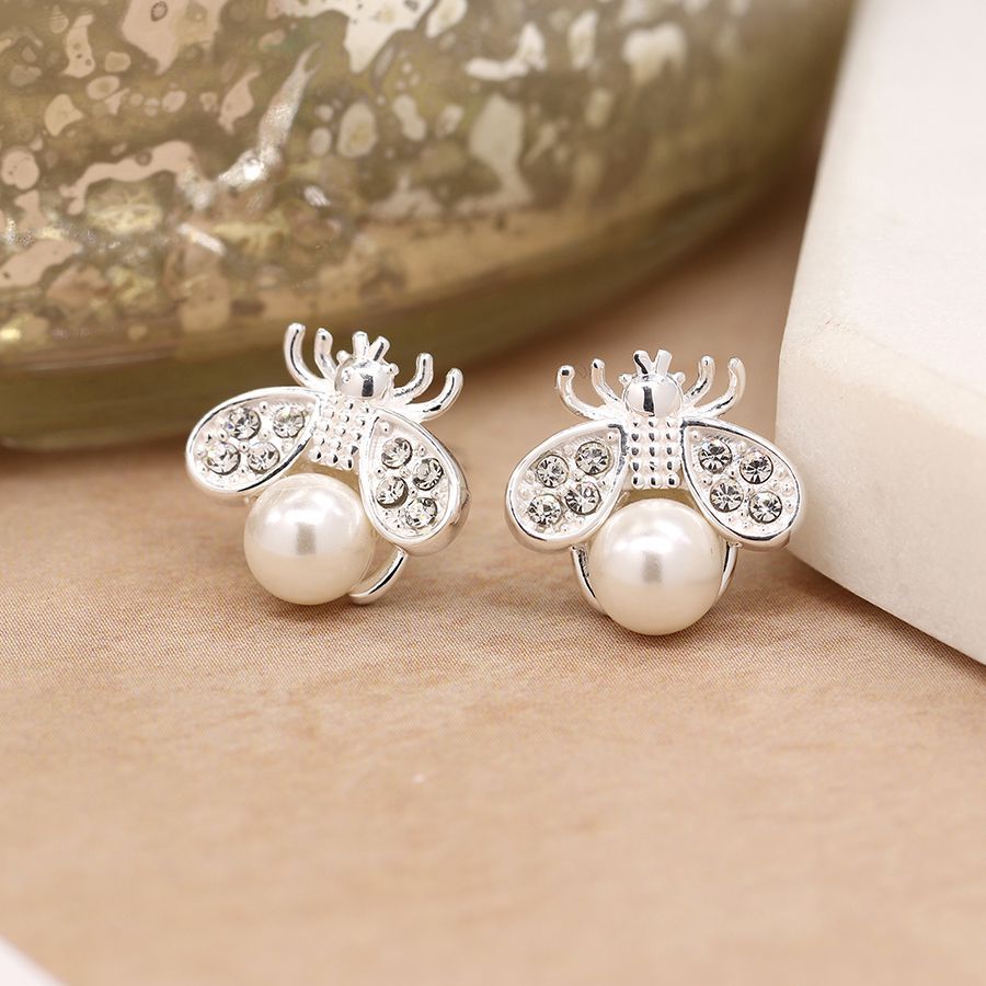 Sterling silver crystal and pearl bee earrings