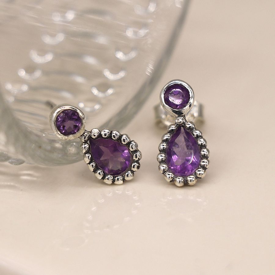 Sterling silver amethyst earrings with dotted silver edge