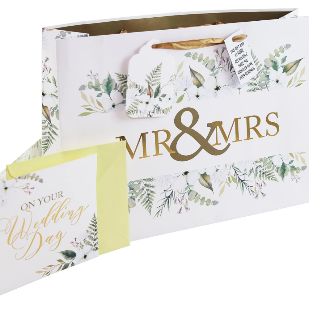 Mr & Mrs Gift Bag and Greeting Card Set With Gift Tag (Extra Large)