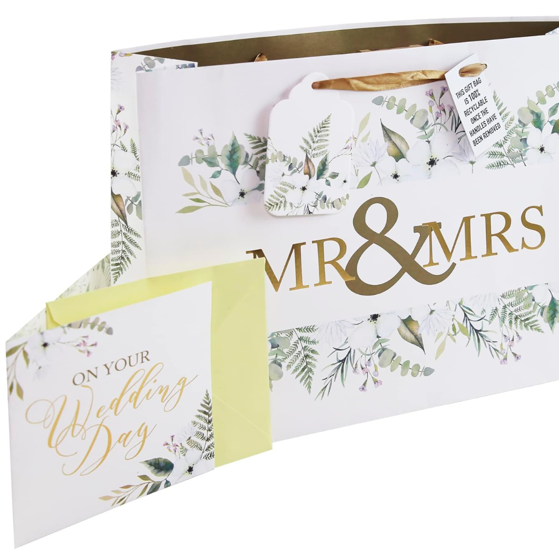 Mr & Mrs Gift Bag and Greeting Card Set With Gift Tag (Large)