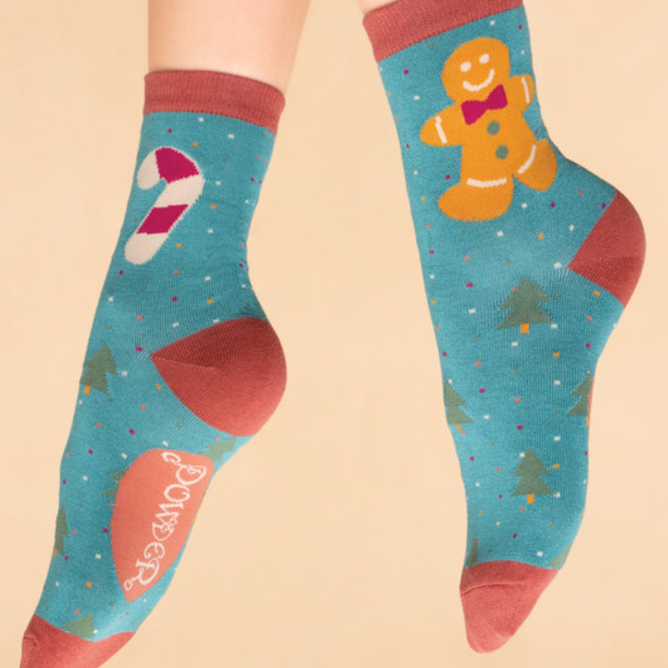Gingerbread Man Ankle Socks - Aqua