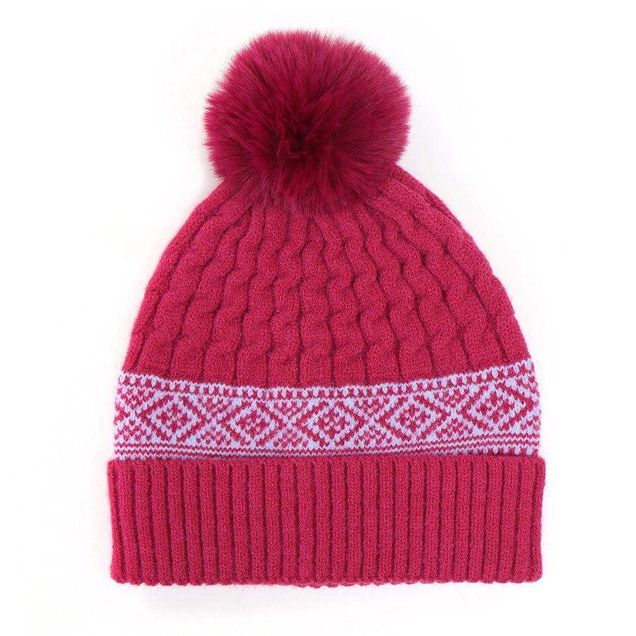 Rich pink cable knit diamond border bobble hat