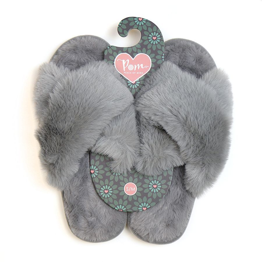Soft grey fluffy faux fur slippers- S-M