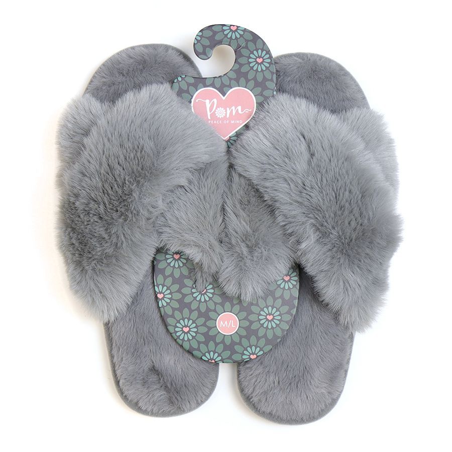 Soft grey fluffy faux fur slippers- M-L