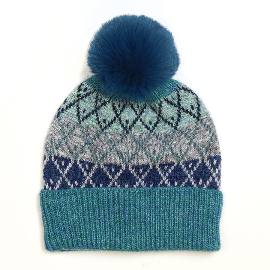 Blue Mix Diamond Knit Hat with Blue faux fur Pompom