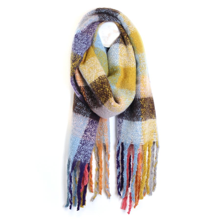 Mixed pastels/ aubergine checked soft fringed scarf