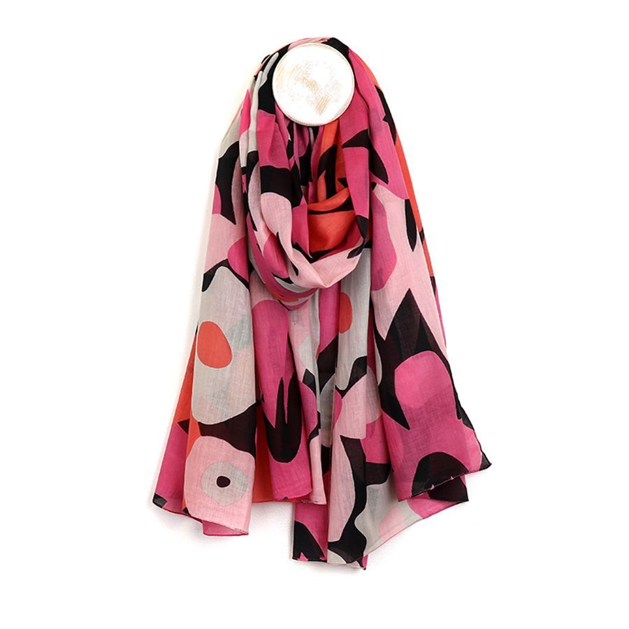 Organic cotton black and pink retro poppy print scarf