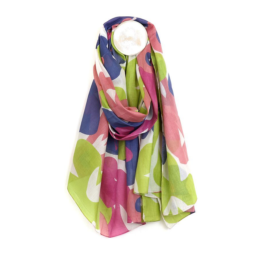 Organic cotton green and pink retro poppy print scarf
