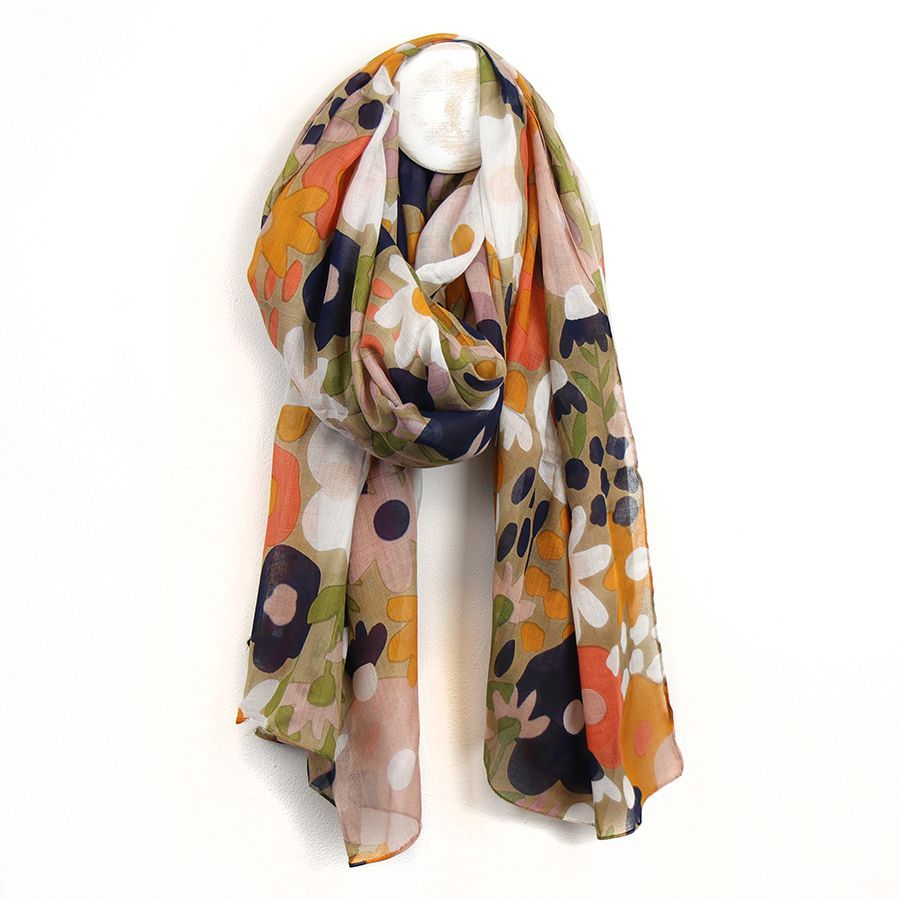 Organic cotton orange and coffee flower print scarf