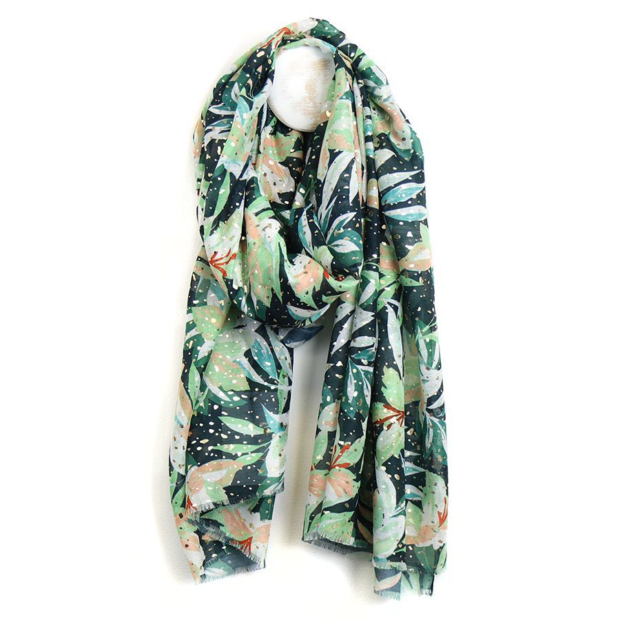 Green mix recycled lily print and metallic scarf