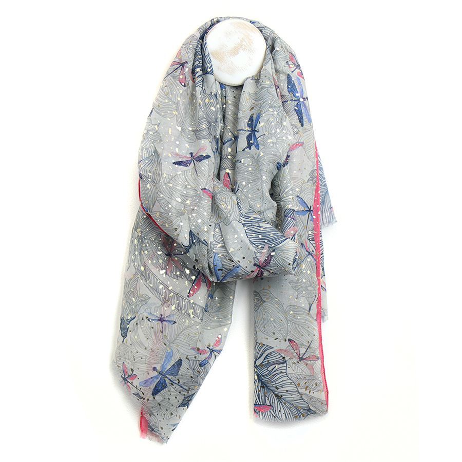 Grey recycled dragonfly print and metallic scarf